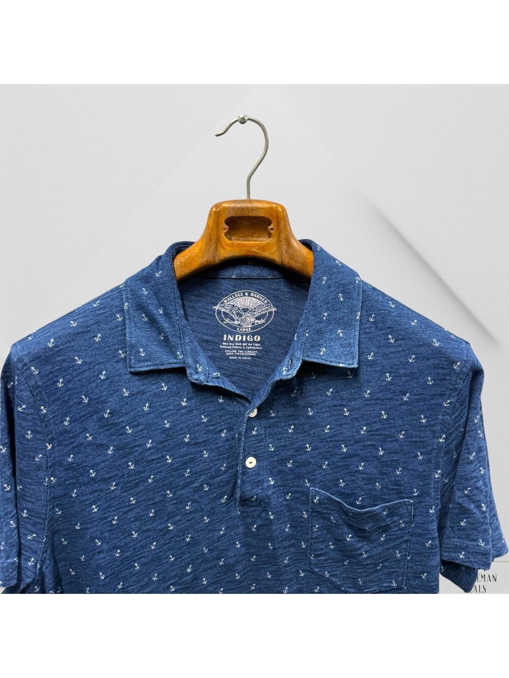 Wallace Barnes Polo Shirt Mens Large Indigo Blue Anchor Boating Short Sleeve